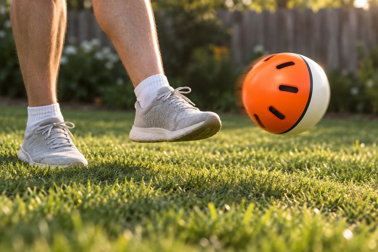 A kick on a backyard lawn, ball in flight
