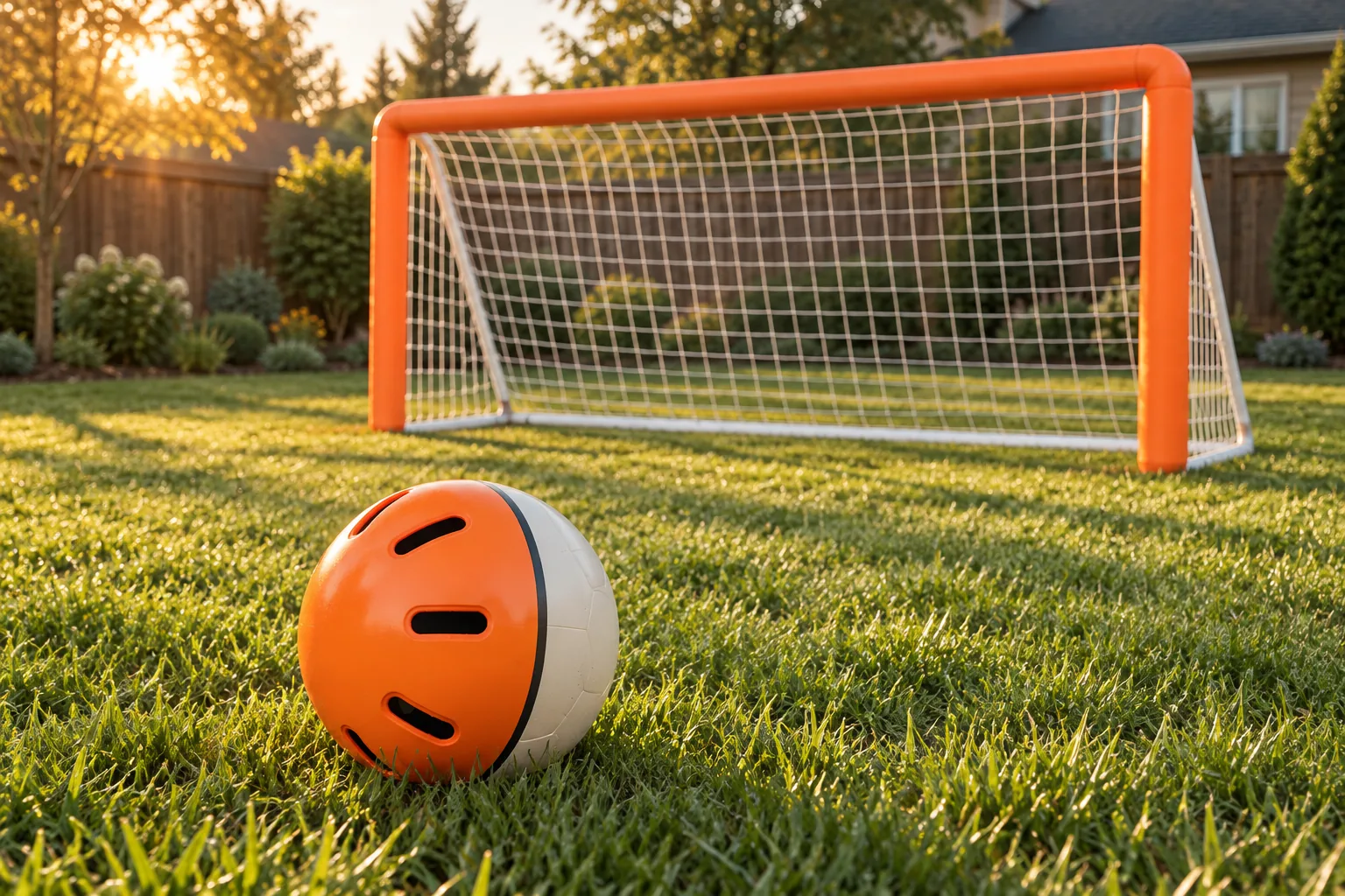 Backyard goal with orange foam bumper posts