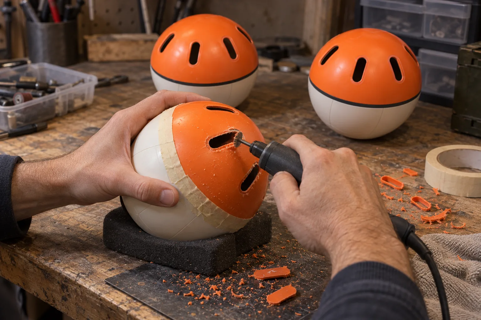 Cutting slots into a plastic ball with a rotary tool